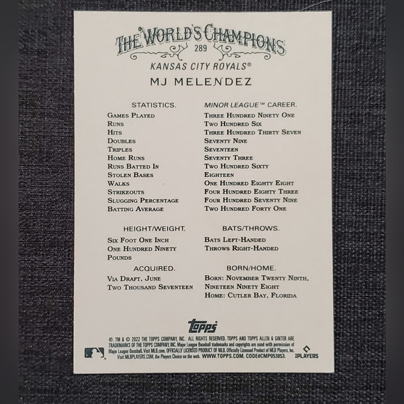 Topps Allen & Ginter The World's Champions MJ Mendoza Card #289 - Picture 2 of 2